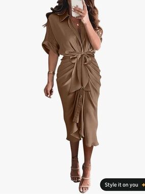 Tie-Front Brown Midi Shirt Dress